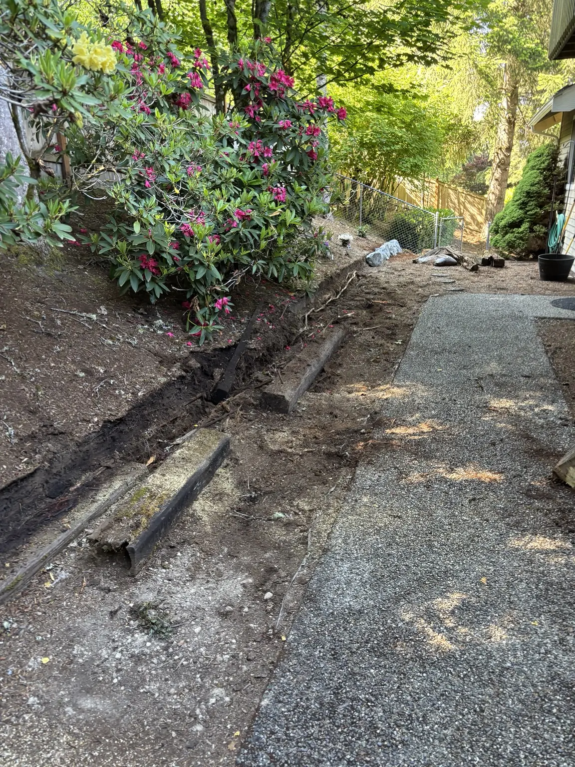 Old timber retaining edge exposed during demolition beside the entrance